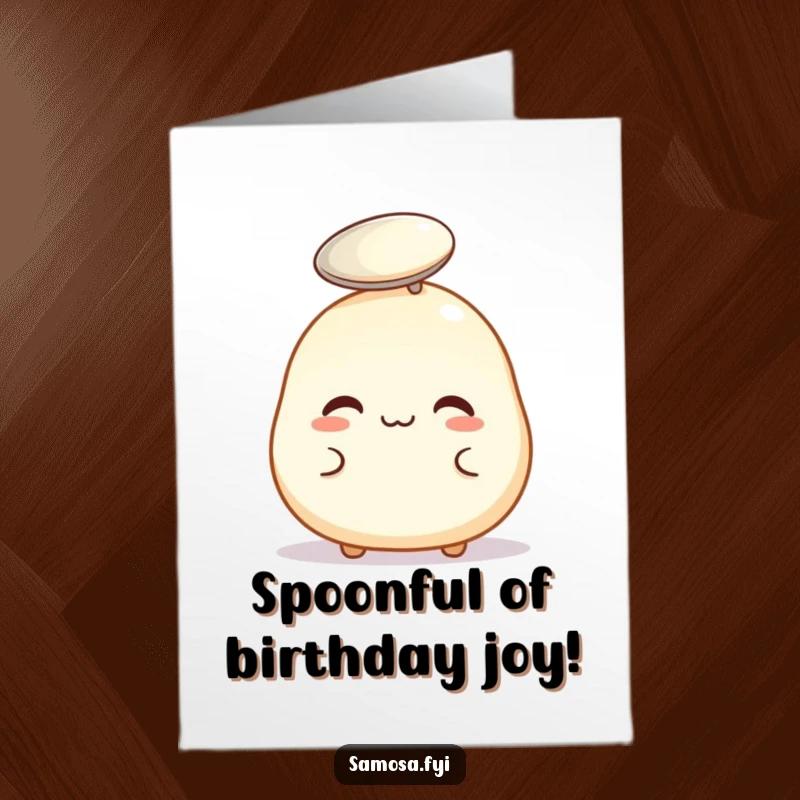 Funny Free Printable Birthday Card: Plump pastry puff balancing tiny spoon on head, a comical birthday wish.
