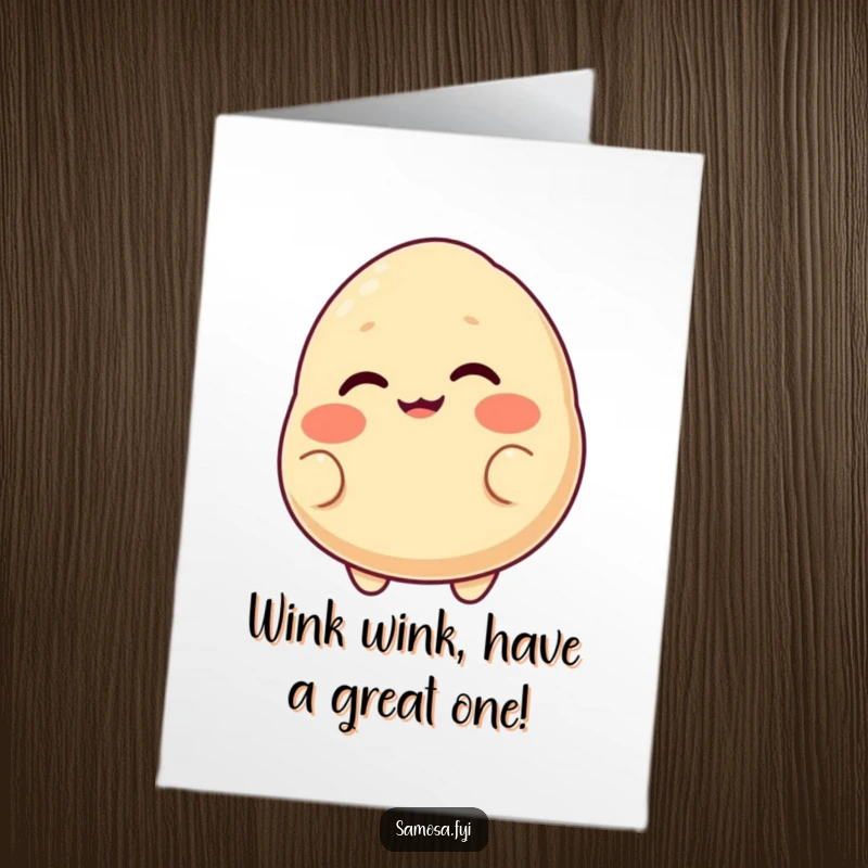 Funny Free Printable Birthday Card: A blushing samosa with a cheeky grin playfully winks, radiating fun.
