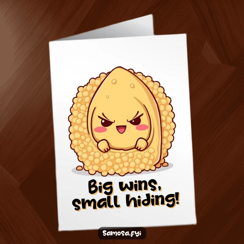 Funny Free Printable Samosa Congratulations Card, a mischievous character hiding behind a giant couscous grain, cheering them on.