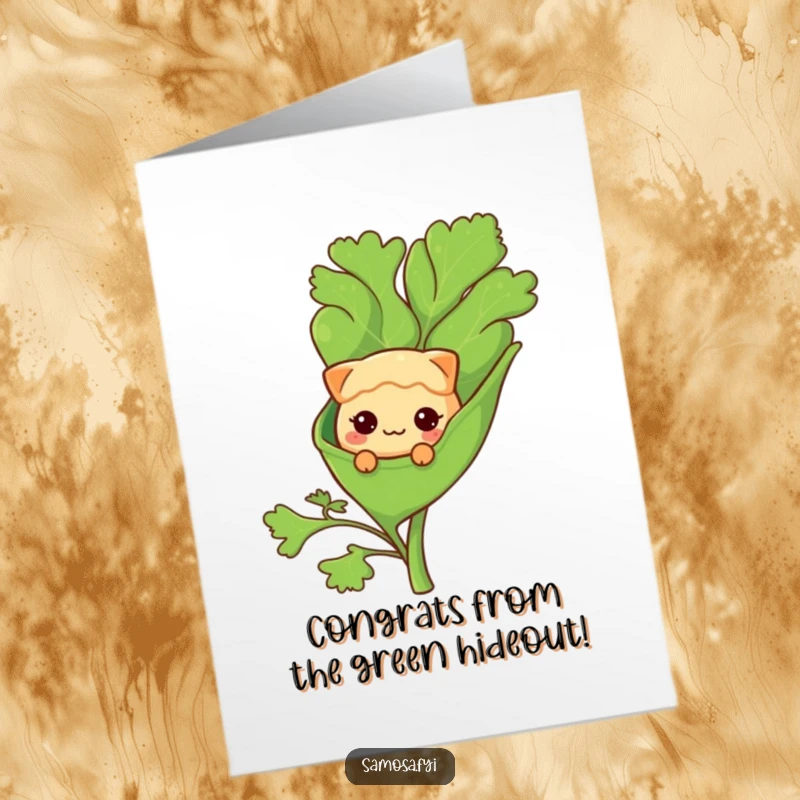 Funny Free Printable Congratulations Card: Shy samosa character peeking from a coriander leaf, offering sweet success wishes.