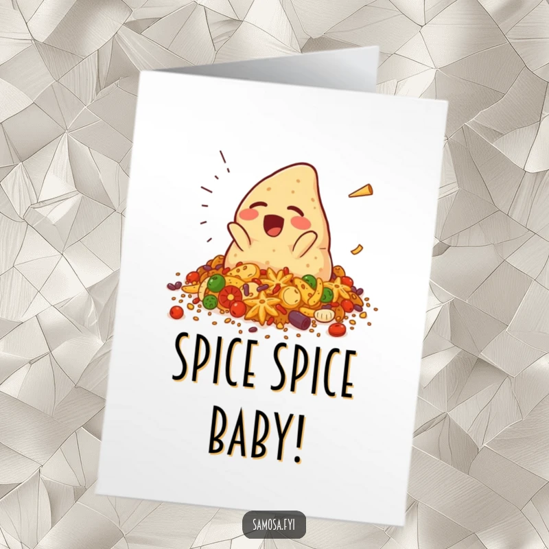 Funny free printable congratulations card showing a giggling samosa character hilariously falling into a colorful mound of spices, embracing the mess.