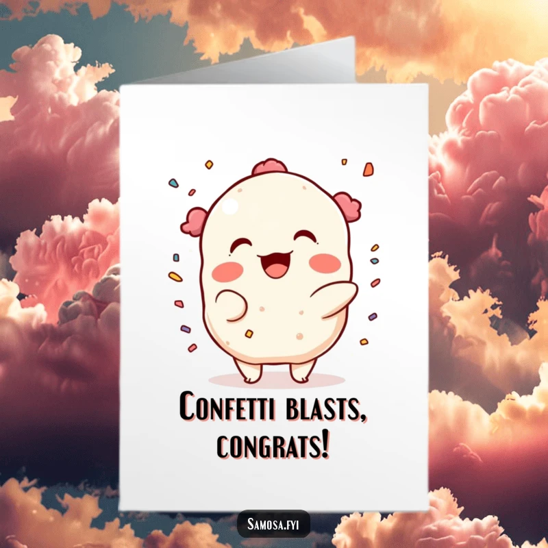 Funny Free Printable Congratulations Card: A samosa character throwing confetti with a mischievous smile, celebrating an achievement.