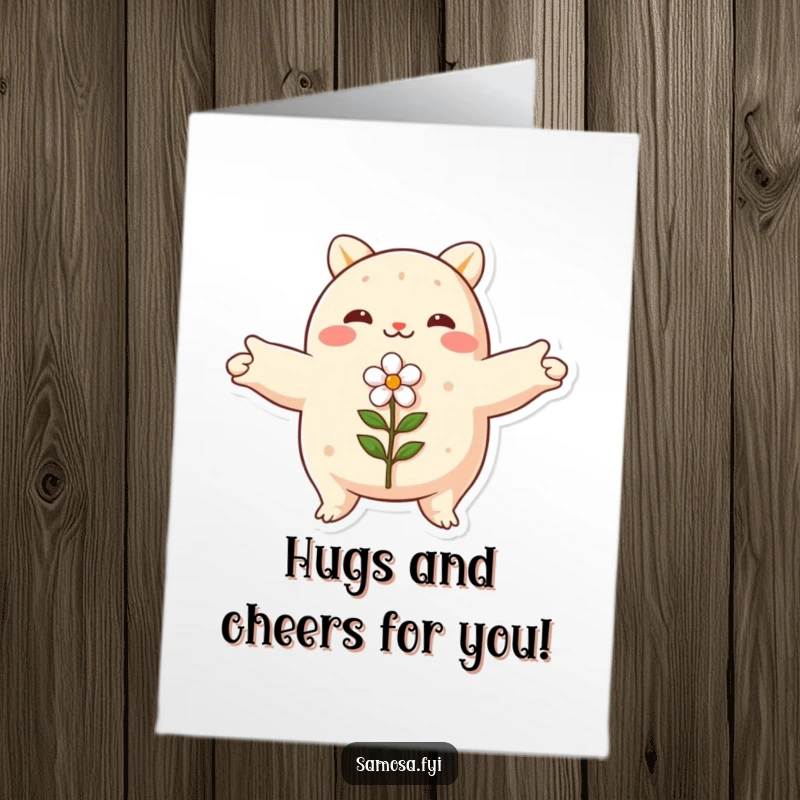Funny Free Printable Congratulations Card: A happy samosa wide-armed, embracing a small flower in celebration.