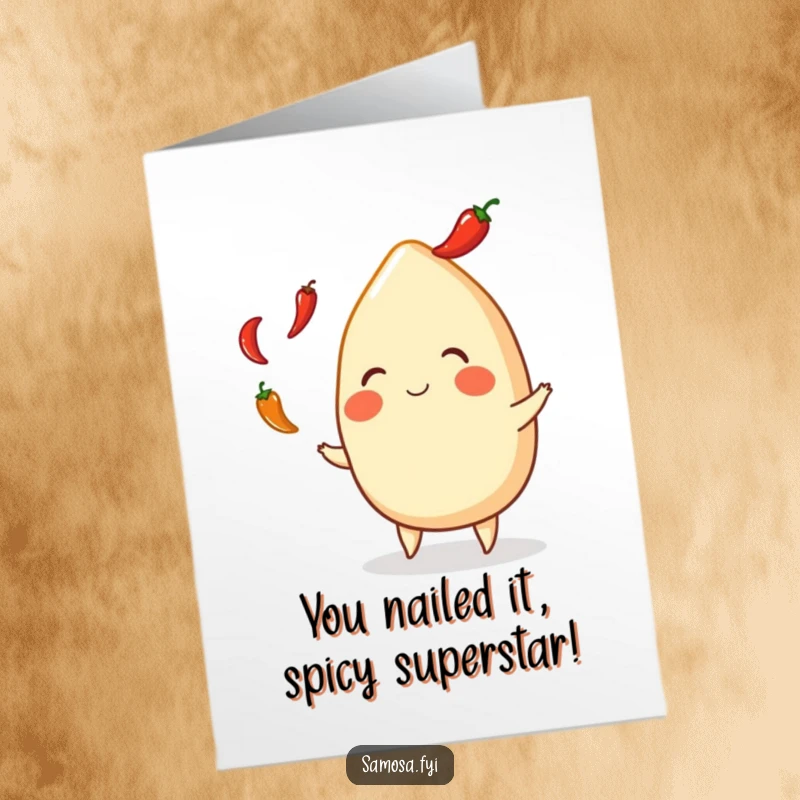 Funny free printable congratulations card: a happy samosa playfully juggles small chili peppers, celebrating success.