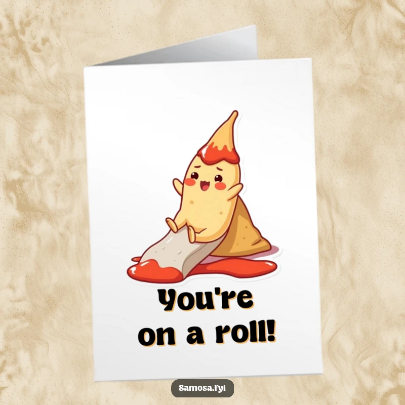 Funny Free Printable Congratulations Card: Cheerful samosa character sliding down a ketchup slide, celebrating with downloadable joy.