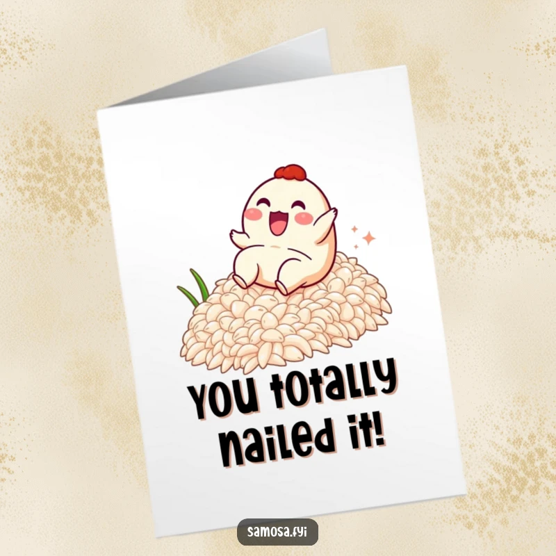 Funny Free Printable Congrats Card: Excited samosa character gleefully sliding down a rice slope, celebrating success.