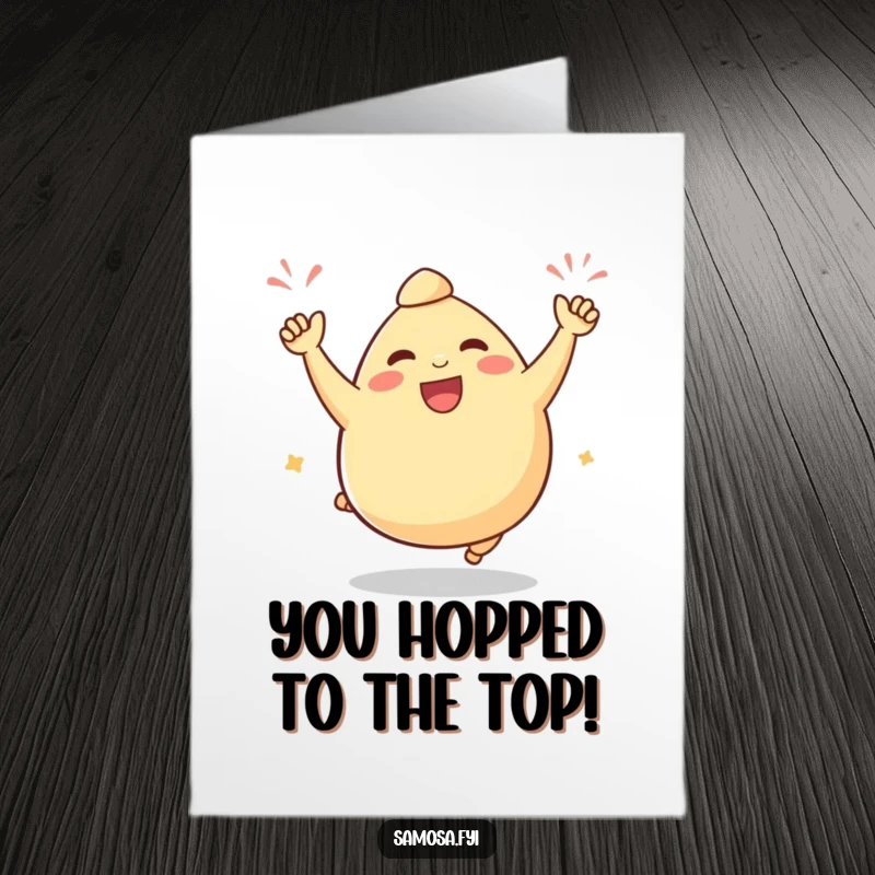 Funny Free Printable Congratulations Card: A plump samosa character performing a victorious celebratory hop.