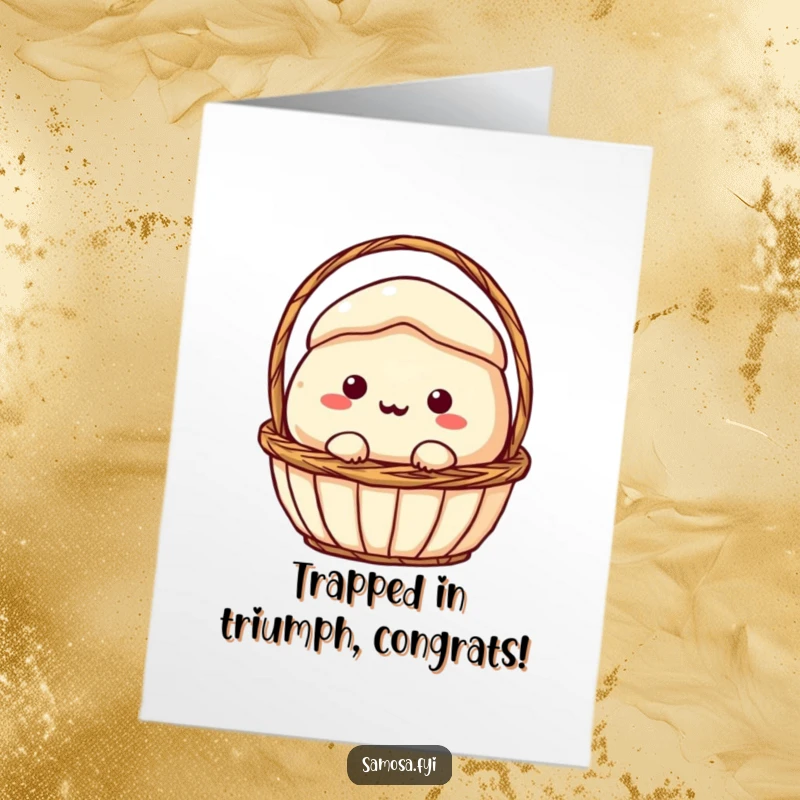 Funny Free Printable Congratulations Card: A samosa character comically stuck in a small basket, wishing congrats with a twist.