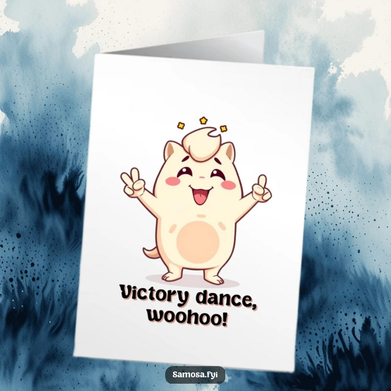 Funny free printable congratulations card showing a samosa character in a strong victory pose, exuding triumph and accomplishment.