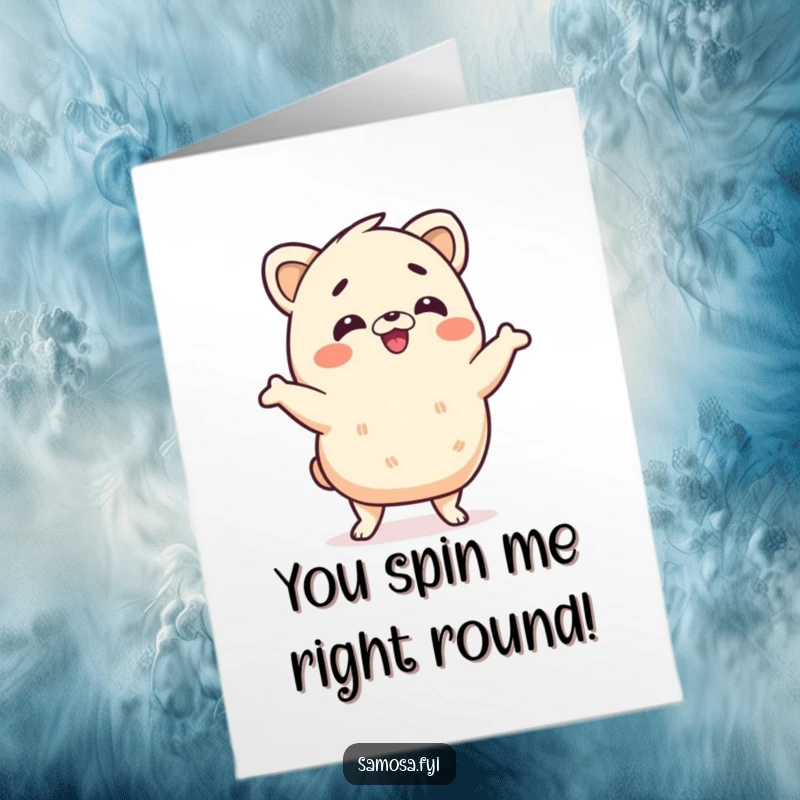 Funny free printable congratulations card showing a samosa character performing an energetic and silly wiggle dance, spreading cheer.