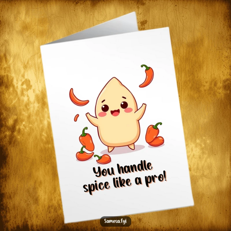 Funny Free Printable Congratulations Card: Smiling samosa expertly juggling small chili peppers. Exciting downloadable art.