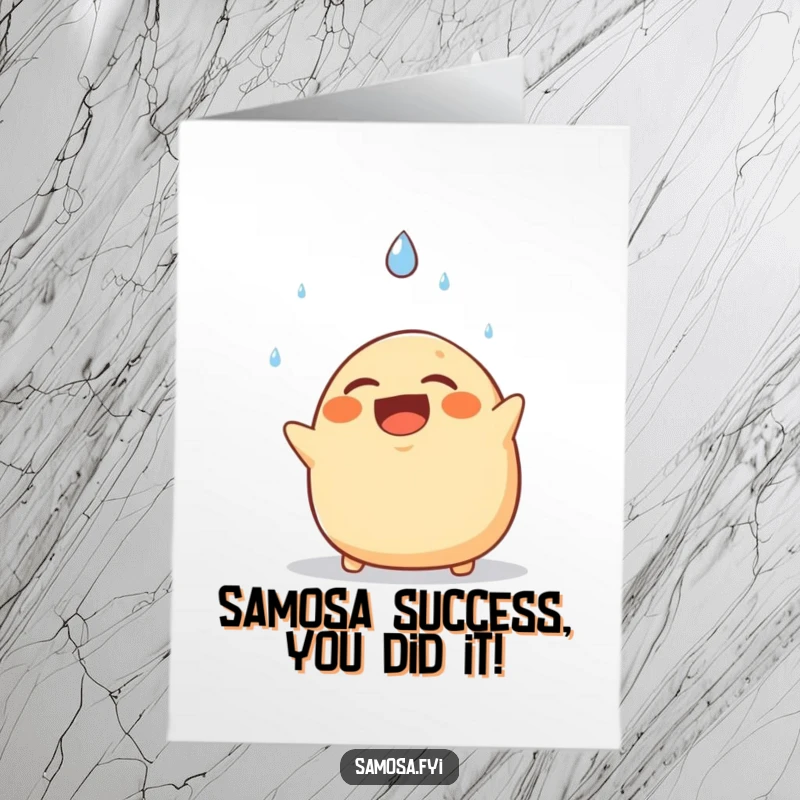 Funny Free Printable Congratulations Card: Samosa laughing hysterically as a single raindrop falls, celebrating success with unique humor.