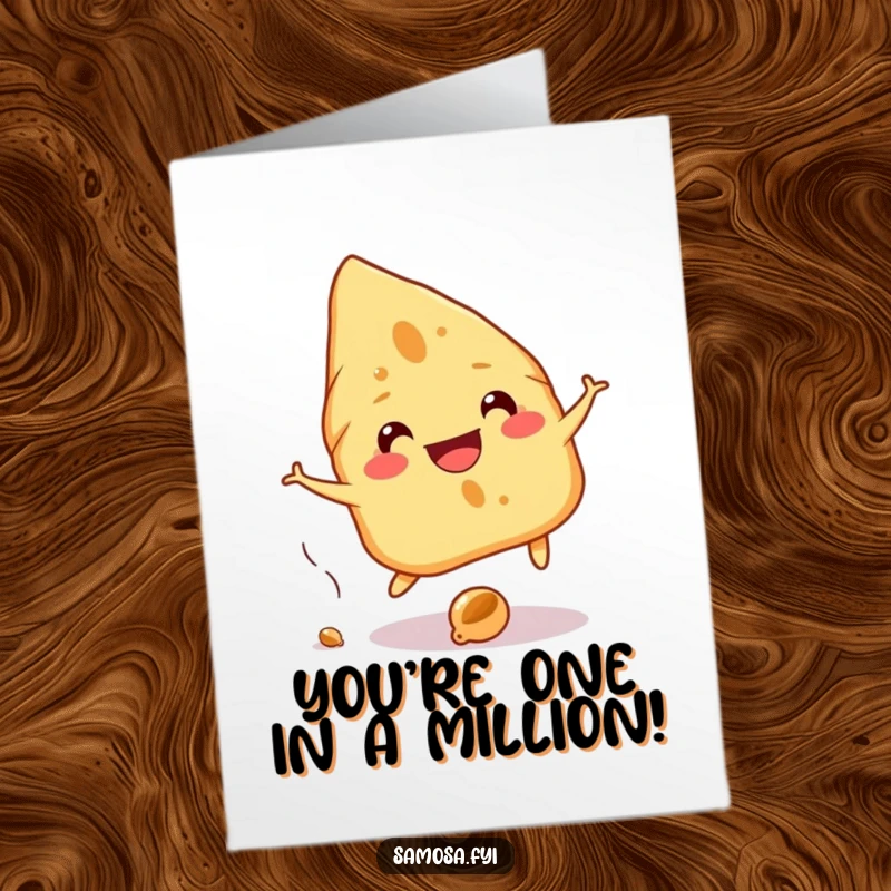 Funny Free Printable Congrats Card: Cheerful samosa with a wide grin playfully dodges a falling chickpea, a witty congrats.