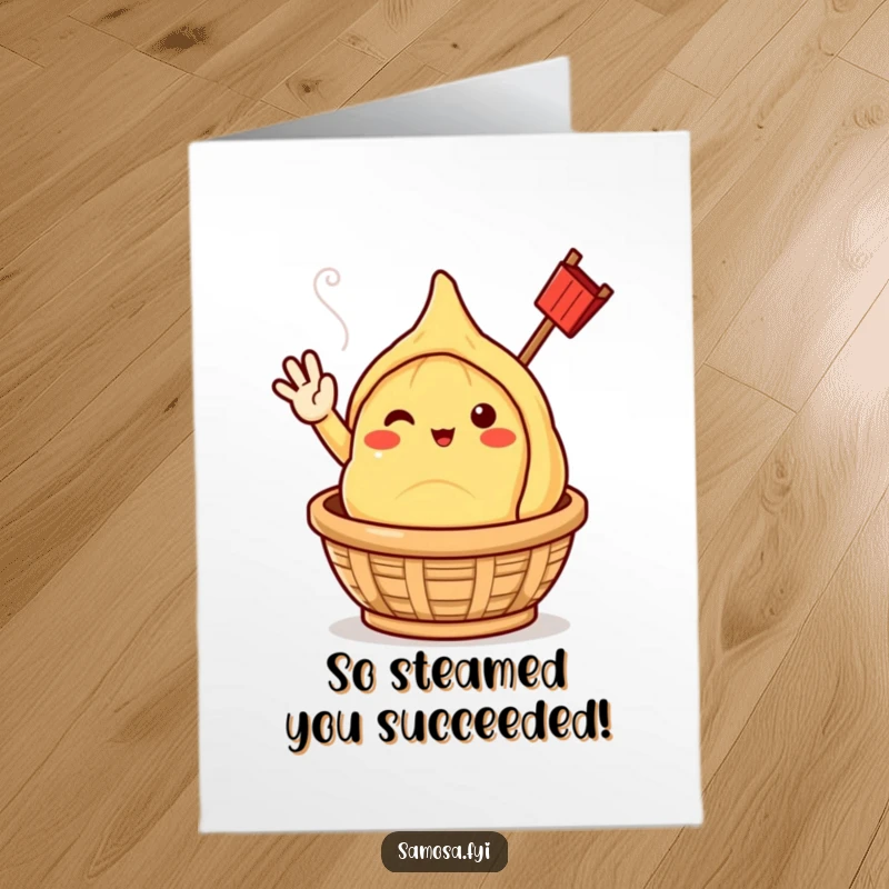 Funny Free Printable Samosa Congratulations Card, a happy character waving from a steaming basket, celebrating achievements.