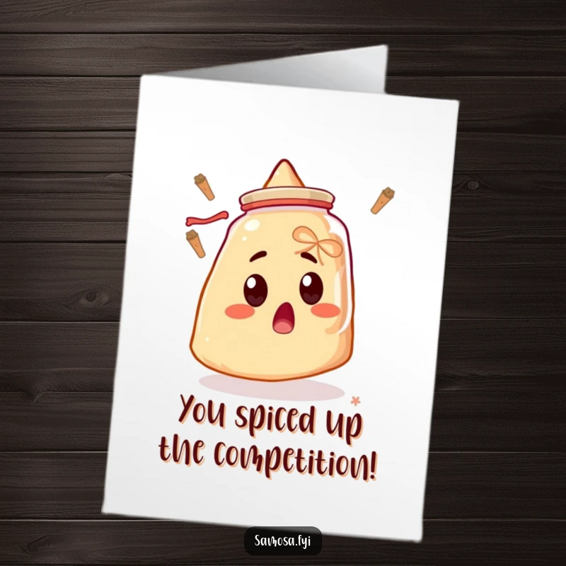 Funny Free Printable Samosa Congrats Card: A surprised samosa gawking at a floating spice jar, perfect for unexpected news.