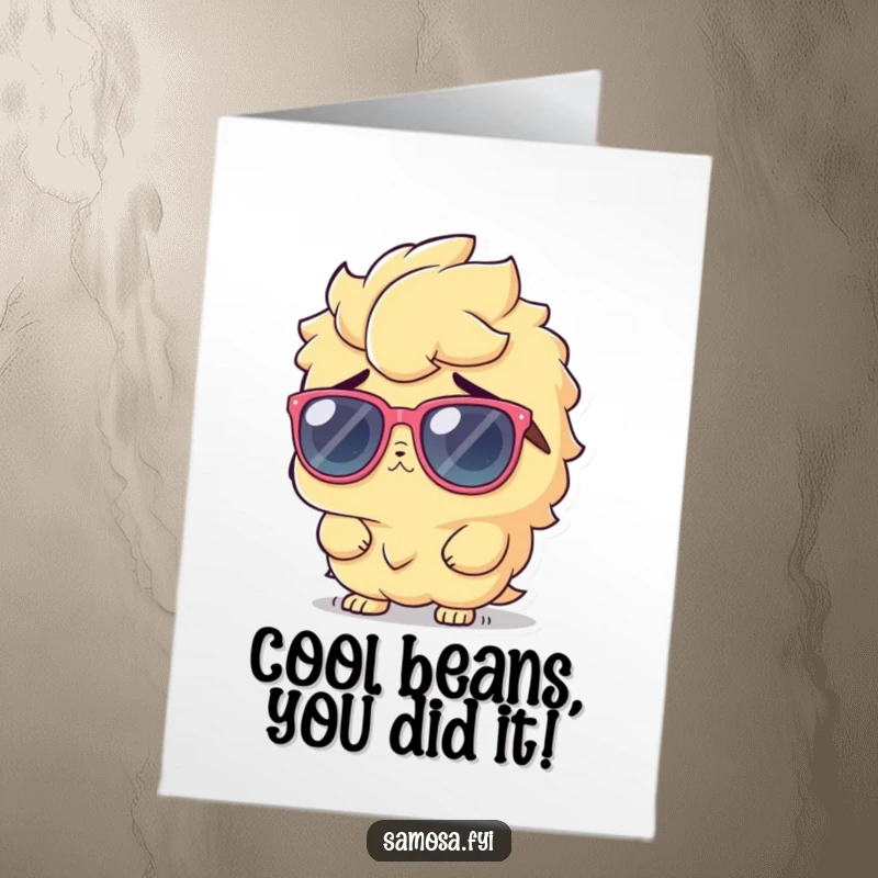 Funny Free Printable Samosa Card: A samosa character with huge sunglasses, shrugging with innocent coolness.