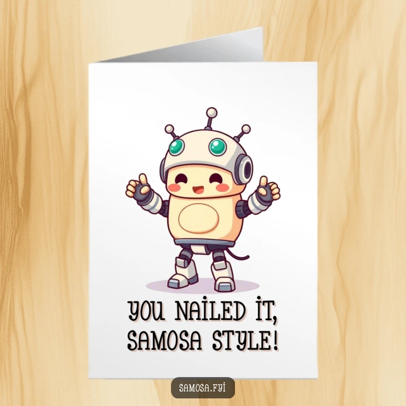 Funny Free Printable Samosa Card: A happy samosa character performing a stiff robot dance for congratulations.