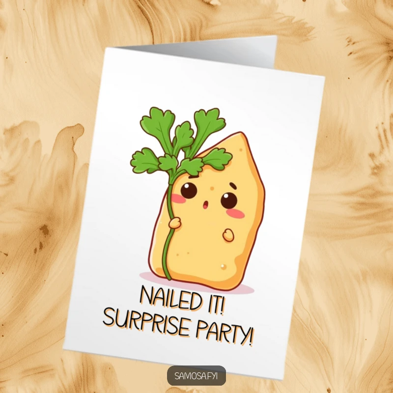 Funny free printable congratulations card showing a shocked samosa popping out from behind a coriander leaf, celebrating achievements.