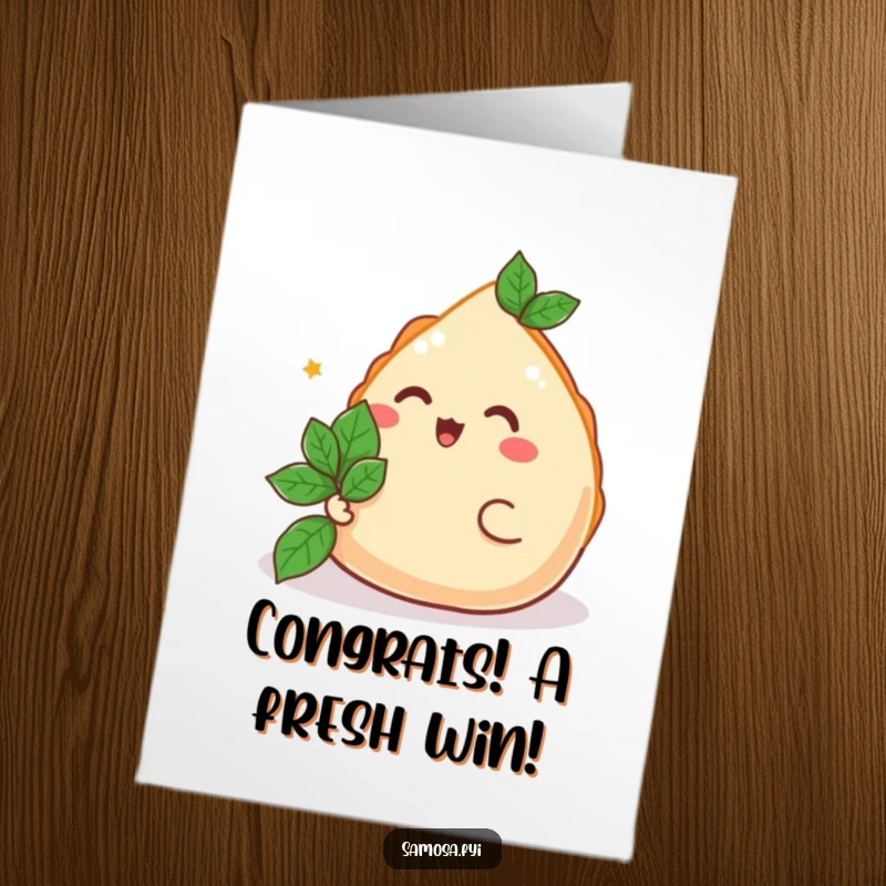 Funny Free Printable Congratulations Card: A happy samosa presenting a mint leaf, symbolizing a fresh and thoughtful congratulation.