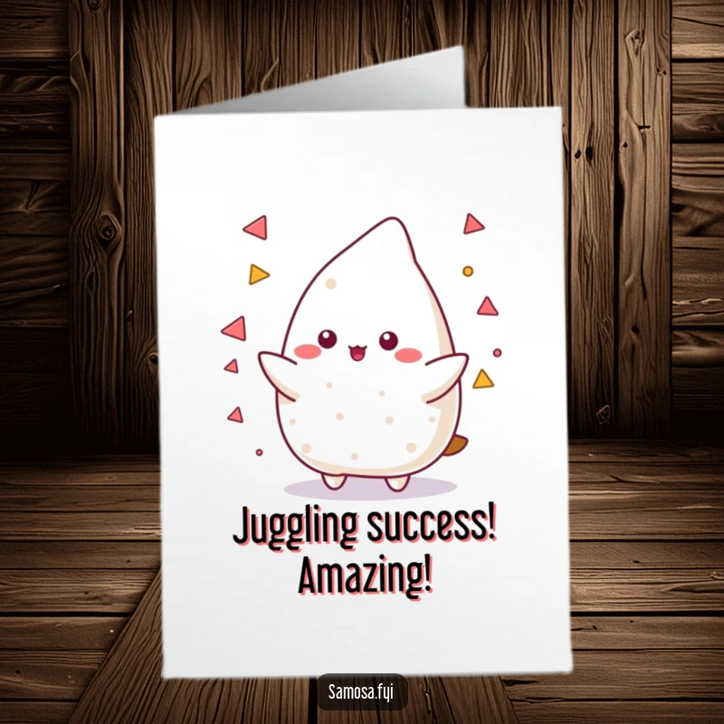Funny Free Printable Congratulations Card: A samosa character performing an impressive juggle of tiny triangular shapes, celebrating success.