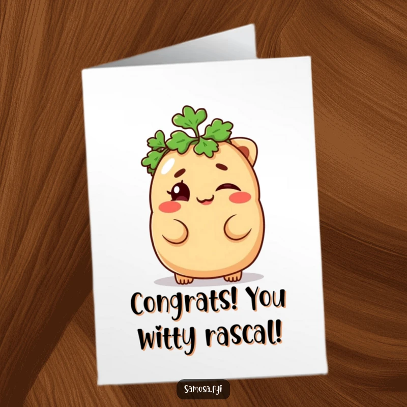 Funny Free Printable Congratulations Card: A mischievous samosa winks from beneath a parsley hat, celebrating a smart achievement.