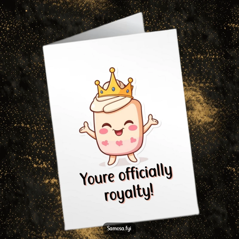 Funny free printable congratulations card: A pastry character with a crown strikes a proud, slightly goofy pose for celebration.