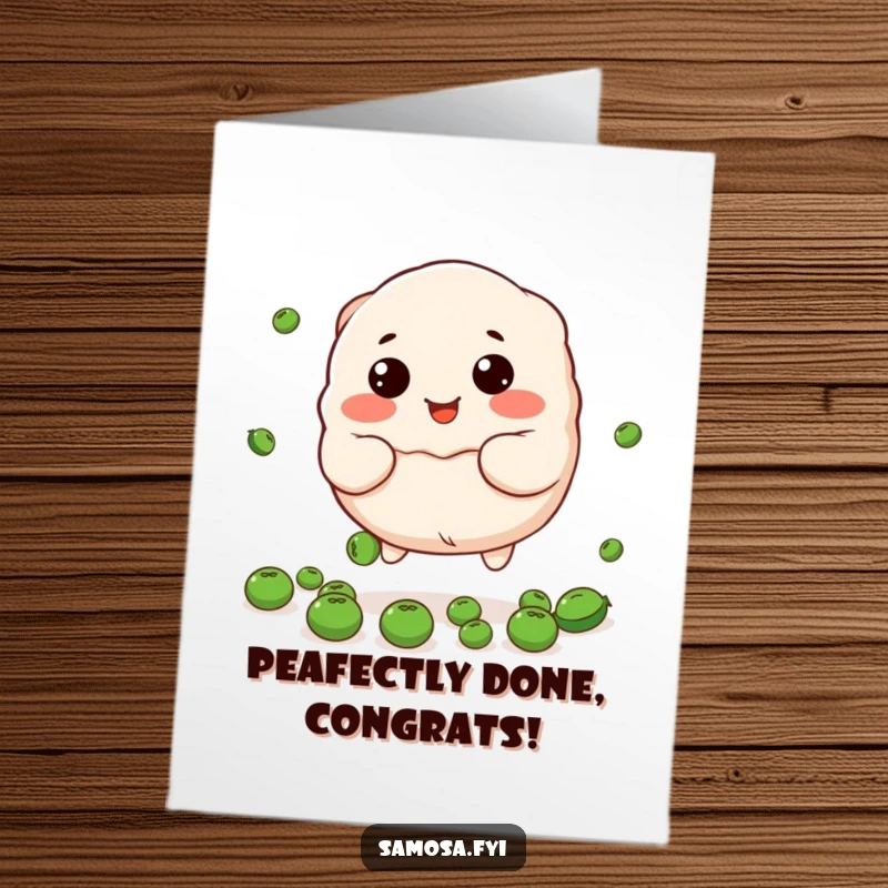 Funny Free Printable Congrats Card: A smiling stuffed dumpling character humorously tries to catch falling peas, celebrating success.