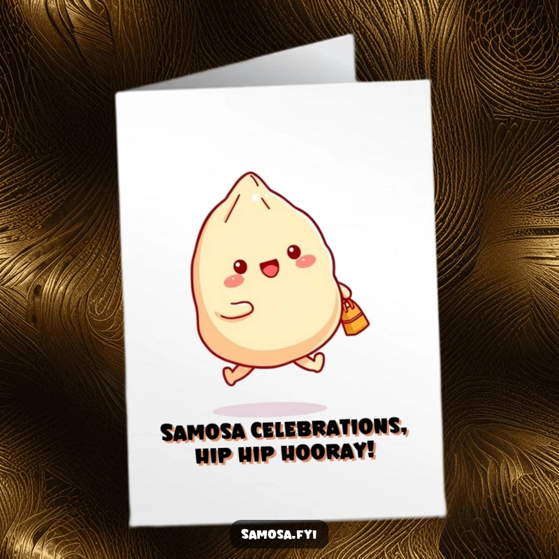 Funny Free Printable Congratulations Card: A samosa energetically skipping with a small bag, symbolizing joyful accomplishment and good news.