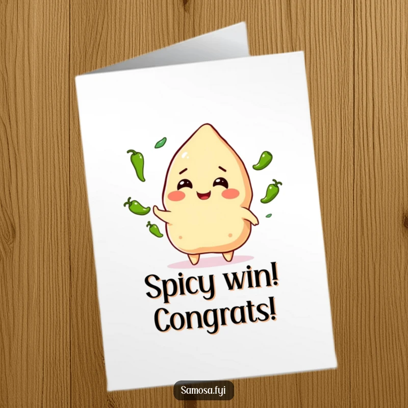 Funny Free Printable Congratulations Card: Smiling samosa character juggling tiny green chili peppers to celebrate an accomplishment.