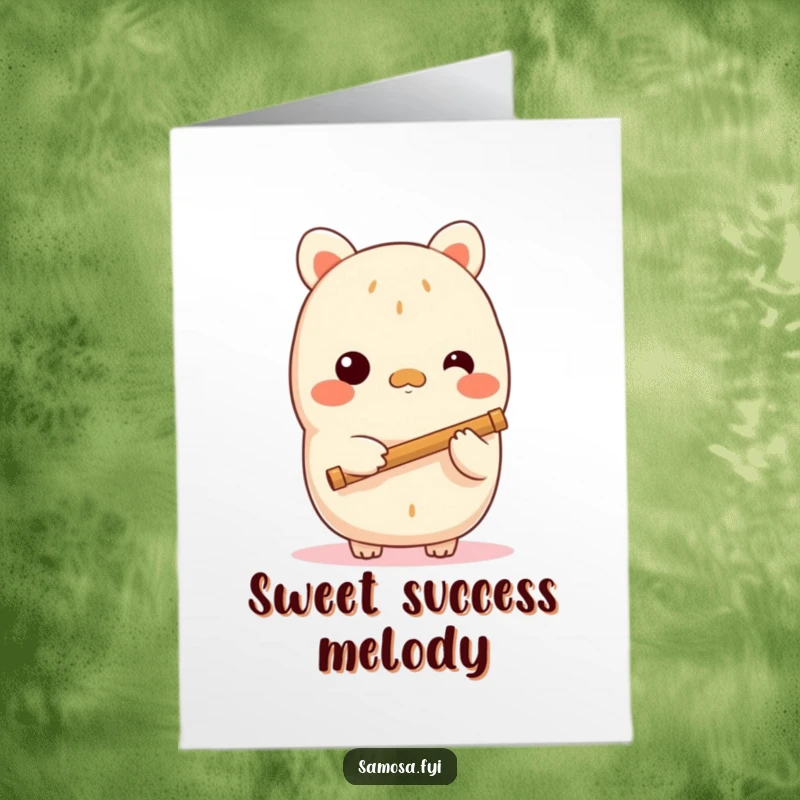 Funny free printable congratulations card showing a shy samosa character holding and playing a tiny flute, conveying sweet congratulations.