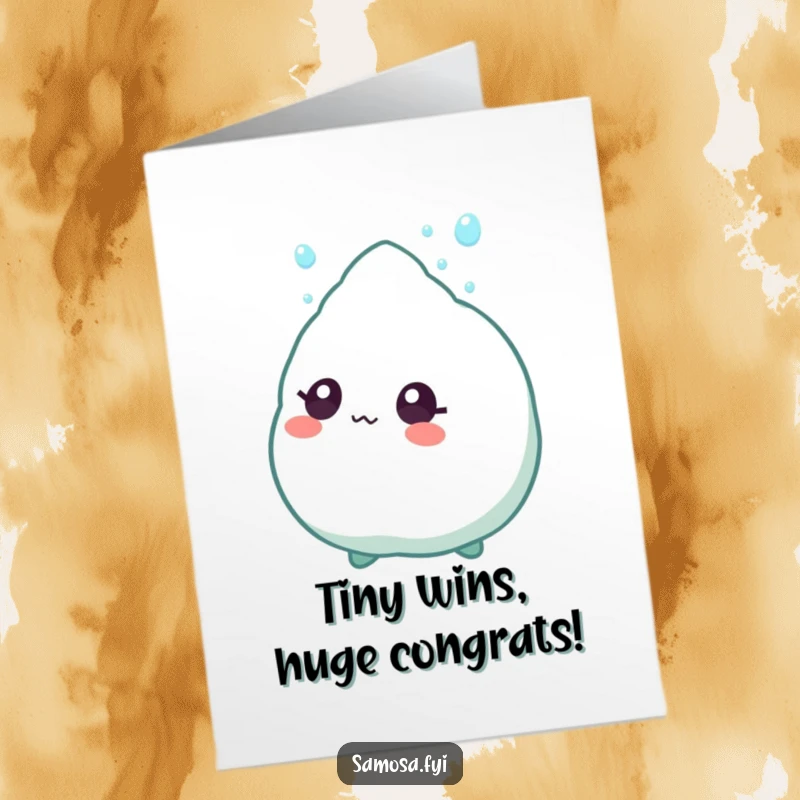 Funny Free Printable Samosa Card: A samosa character looking up with wide eyes at a single falling sprinkle.