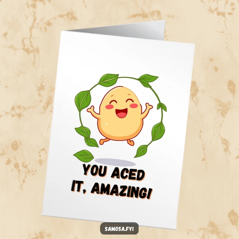 Funny Free Printable Congratulations Card: A laughing samosa character with legs leaps through a hoop of curry leaves in excitement.