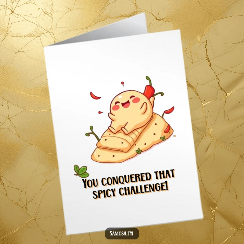 Funny free printable congratulations card: a cheerful samosa gleefully slides down a vibrant hill composed of spicy peppers.