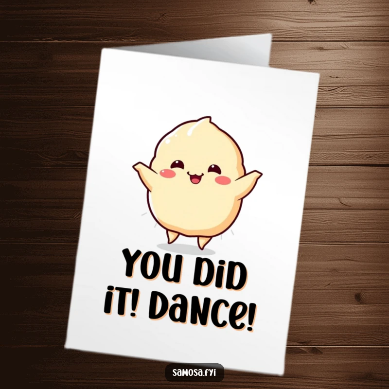 Funny Free Printable Congratulations Card: A jubilant samosa character performing a happy dance, celebrating a wonderful achievement.