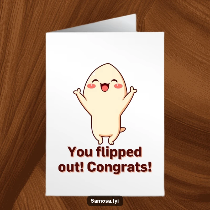 Funny Free Printable Congratulations Card: Giggling samosa character balancing in a playful headstand to celebrate.