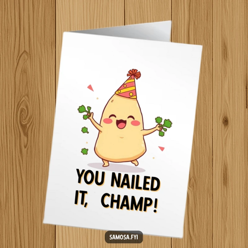 Funny Free Printable Congrats Card: Delighted samosa trips juggling cilantro, a comical celebration of success.