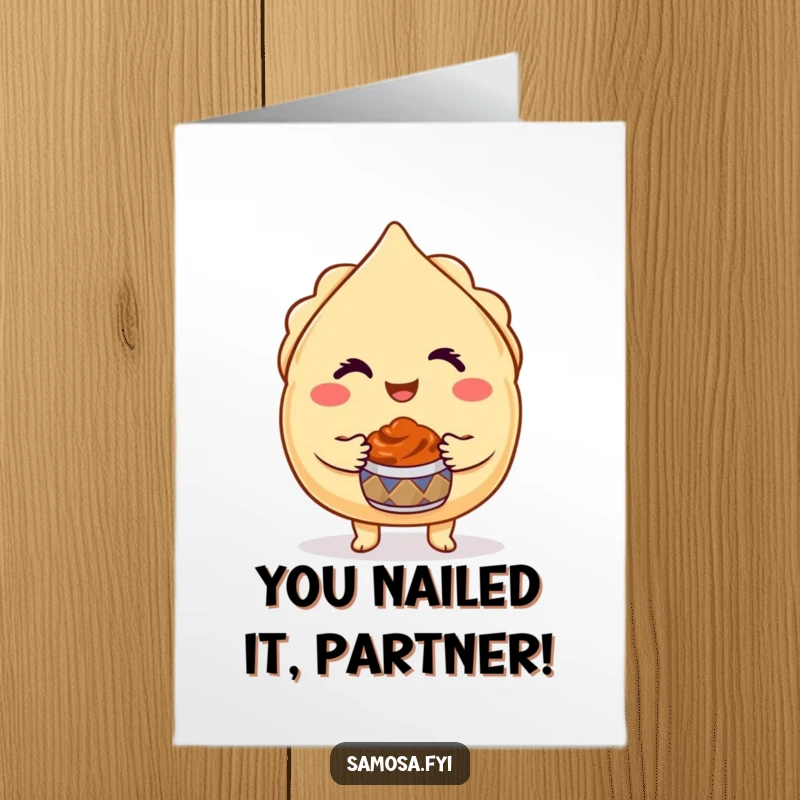 Funny Free Printable Congratulations Card: a winking samosa character presents a miniature chutney pot with flair.