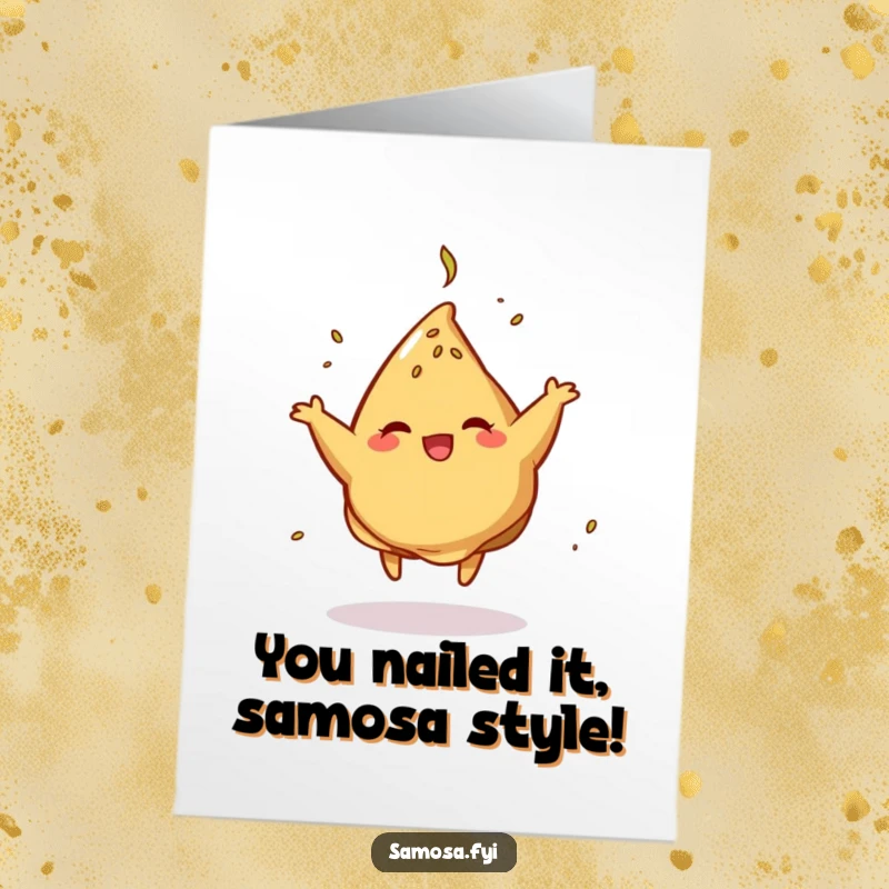 Funny Free Printable congratulations card showing a happy samosa dancing and spinning with cumin, celebrating success.