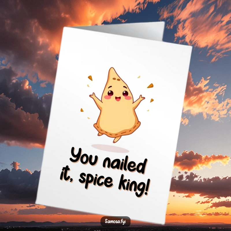 Funny Free Printable Congrats Card: Energetic samosa dancing with cumin, celebrating a fantastic achievement. A joy to behold.