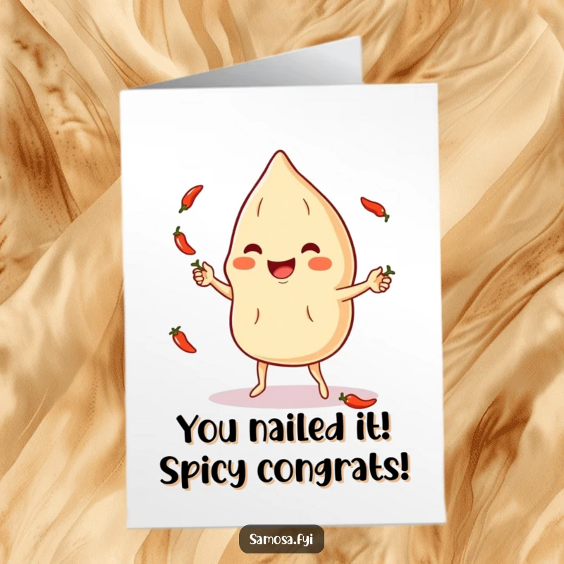 Funny Free Printable Congratulations Card: Enthusiastic samosa character juggling chili peppers, celebrating success with downloadable humor.