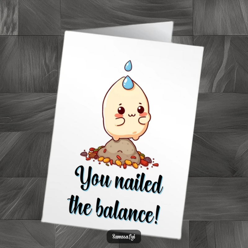 Funny Free Printable Samosa Congratulations Card, a character sweating while balancing on spices, celebrating a big win.