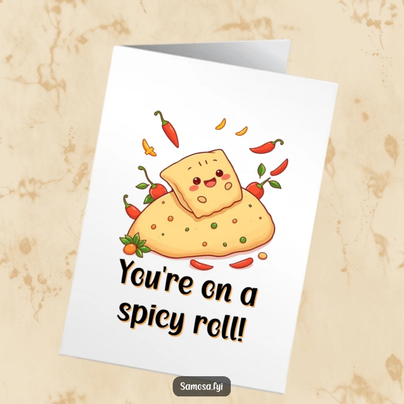 Funny Free Printable Congratulations Card: Cheerful samosa gleefully sliding down a spicy pepper hill. Exciting downloadable art.