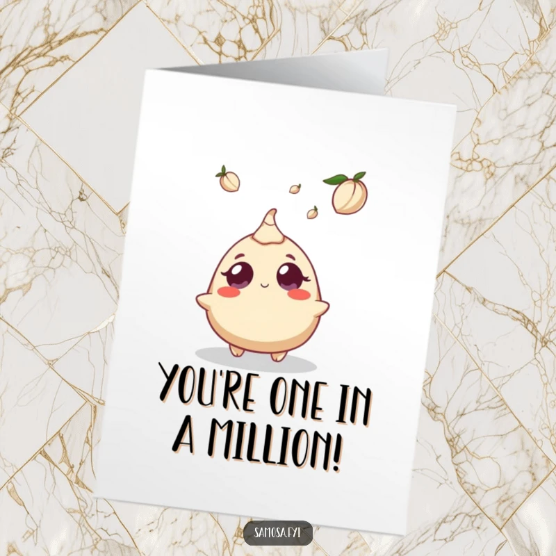 Funny Free Printable Congrats Card: Samosa character looks up with wide, surprised eyes at a descending cardamom pod.