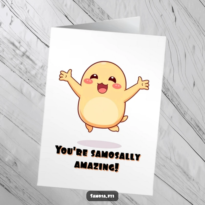 Funny Free Printable Congratulations Card: Happy samosa hopping with excitement and open arms. Celebratory downloadable art.