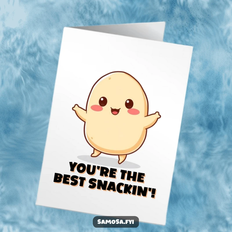 Funny Free Printable Congrats Card: A cheerful samosa character with sesame seed eyes performing an energetic, joyful dance.