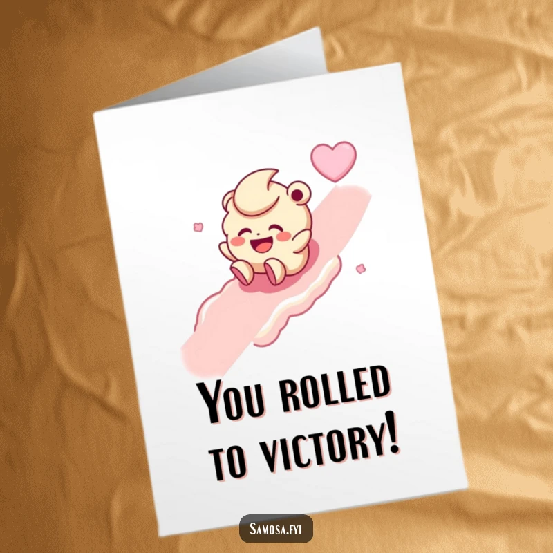 Joyful Free Printable Congratulations Card featuring a laughing Laddoo character rolling downhill, celebrating a sweet success.