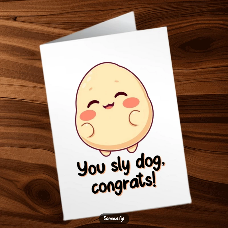 Funny Free Printable Congratulations Card: A blushing samosa with a cheeky grin playfully winks in celebration.