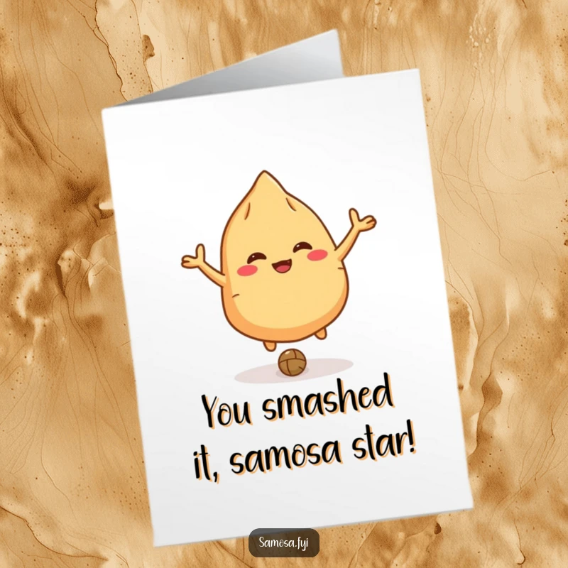 Funny Free Printable Samosa Congratulations Card: A giggling samosa character bounces a lentil joyfully to celebrate