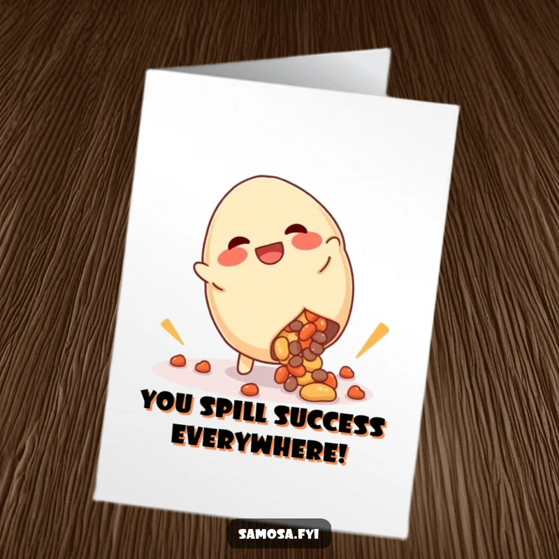 Funny Free Printable Congratulations Card: Giggling samosa doing a cartwheel, with its delicious filling spilling out. Joyful downloadable art.