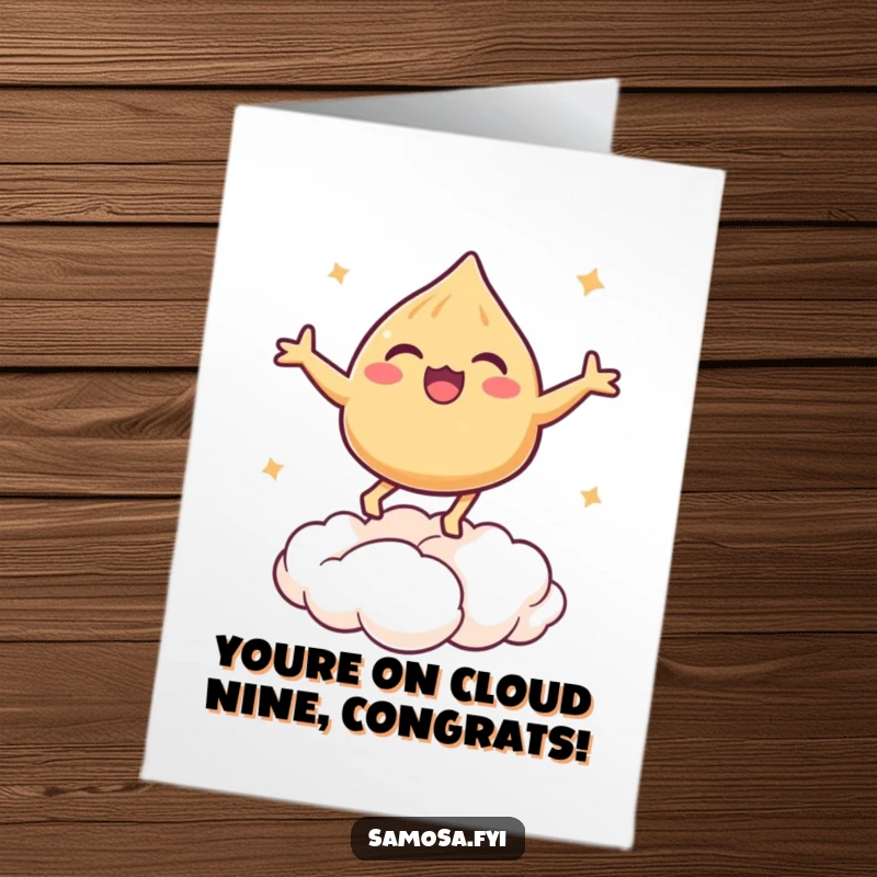 Funny Free Printable Congrats Card: A delighted samosa blissfully bouncing on a soft puff pastry cloud, celebrating success.